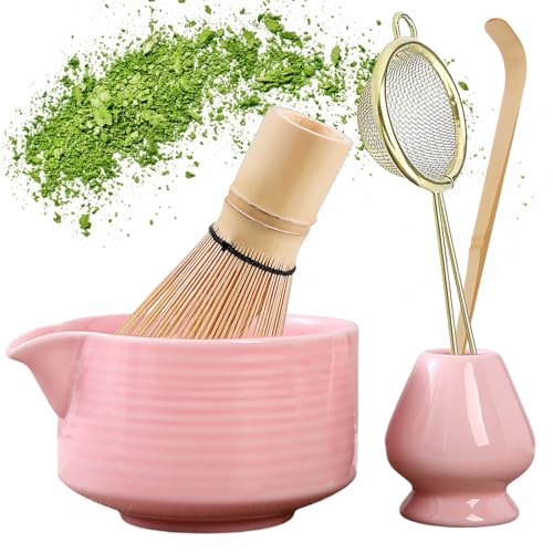 Matcha Tee Set, Matcha Besen Set mit Matcha Schneebesen, Besenhalter, Matcha Schale aus Keramik, Teelöffel, Matcha Sieb, Japanisches Zubehör für die Matcha-Zeremonie, Rose