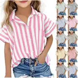 Gestreiftes Hemd für Teenager, kurzärmelig, Knopfleiste, Sommer, Mädchen, Baumwoll-Leinen-Bluse, Revers, lässiges, ästhetisches Oberteil, leicht, locker, atmungsaktiv, braun, 14-15 Jahre