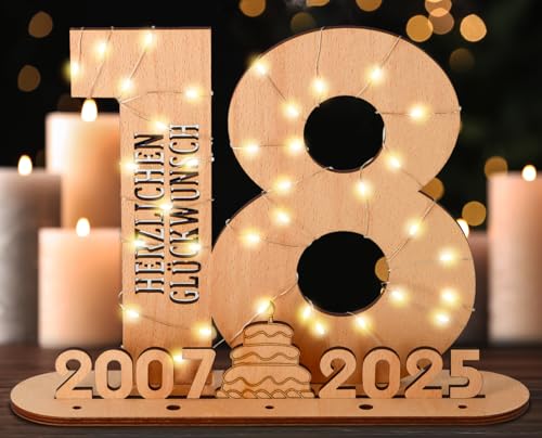 Giftota - Originelle 18 Geburtstag Geschenk Mädchen & Jungen - Geldgeschenke Geburtstag 18 mit LED Lichterkette Ständer - 2025 Holz-Schild Gästebuch - 18 Geburtstag Deko - Personalisierbares Geschenk