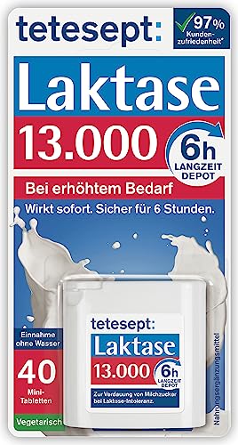 tetesept Laktase 13.000 – Laktasetabletten bei Laktoseunverträglichkeit – Nahrungsergänzungsmittel mit Sofortwirkung & 6h Langzeit-Depot – 1 Dose à 40 Stück