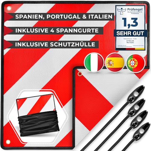 ATHELON® 3in1 Warntafel für Italien, Spanien & Portugal - Reflektierendes Warnschild inklusive 4X Spanngurte & Schutzhülle - Hochwertige Warntafel Italien für Fahrradträger & Wohnmobil