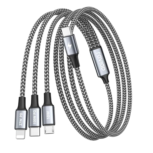RAVIAD 100W USB C auf Multi USB Kabel [1.2M] 3 in 1 Ladekabel mit E-Mark Chip Schnellladekabel USB C auf USBC[100W]+Micro[10W]+Lightning[27W] für iPhone 15/14, Galaxy S24/S23, MacBook Pro/Air, Pad