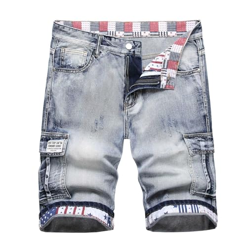 QWUVEDS Kurze Hosen Herren Lässige Jeansshorts für Herren, modische, verwaschene, Bedruckte Freizeitjeans Herren Hosen (Light Blue, L)