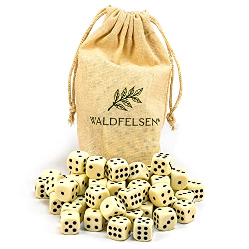 Waldfelsen 6, 12, 20, 30 oder 50 hochqualitative Würfel Standardgröße 16 mm Acrylwürfel Knobel Spielwürfel Dice 6-seitig sechsseitig Spielzubehör Set mit Stoffbeutel (Elfenbeinfarben, 50 Stück)