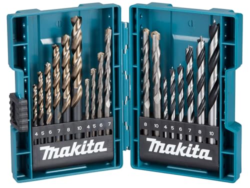 Makita B-49432 Bohrer-Set 18-teilig in Aufbewahrungsbox, M-Force Metallbohrer, Steinbohrer, Holzbohrer, jeweils in den Größen Ø 4, 5, 6, 7, 8, 10 mm