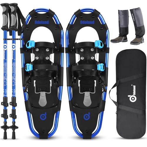 Odoland Schneeschuhe mit Steighilfe Allround 4 IN 1 für Damen und Herren mit Wanderstöcken, Wasserdichten Gamaschen und Tragetasche, ab Schuhgröße 25 INCH Blau