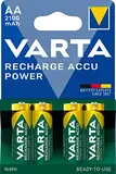 VARTA Batterien AA, wiederaufladbar, 4 Stück, Recharge Accu Power, Akku, 2100 mAh Ni-MH, ohne Memory Effekt, vorgeladen, sofort einsatzbereit