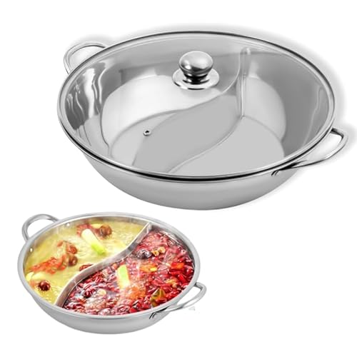 Taozhiyy Hot Pot Herd, 34CM Hot Pot Topf, Mandarinenentopf Edelstahl mit Deckel, Chinesischer Feuertopf, S-Type 2 Kammern Hot Pot für Induktionskochfeld, Gasherd