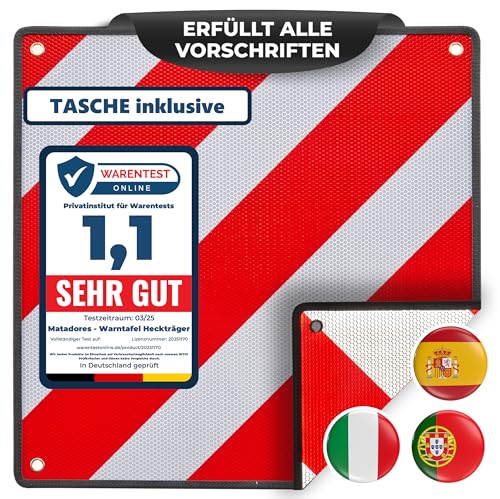 MATADORES Premium 3in1 Warntafel für Italien UND Spanien + Portugal | + Tasche | Aluminium, 50x50cm, reflektierend | Für Fahrradträger/Heckträger