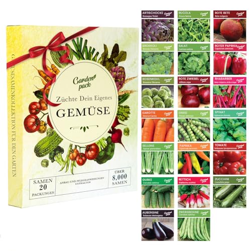 Gemüsesamen Anzuchtset mit 20 Packungen - Garden Pack – Einfaches Starter Saatgut Set mit hohem Ertrag für den Gemüseanbau zu Hause – 8.000 alte Sorten Samen für Eigenversorgung aus dem Garten