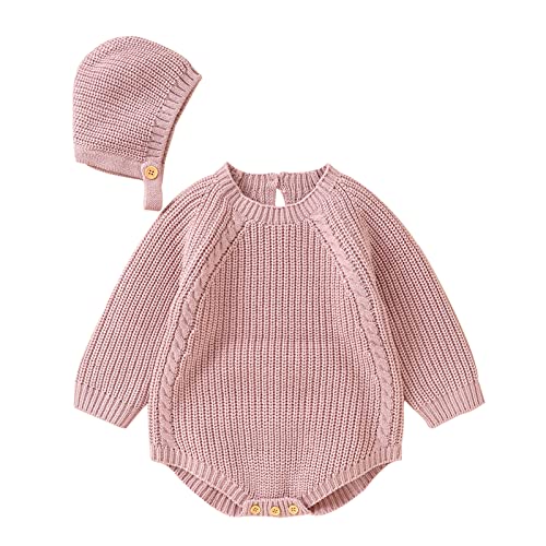 Neugeborenes Säugling Baby Solid Knit Strampler Baumwolle Langarm Junge Mädchen Pullover Kleidung Baby Body mit süßer Mütze Set Größe 5 Mädchen Kleidung Winter (Rosa, 9-12 Monate)