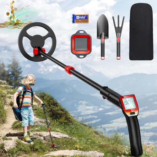 Metalldetektor für Kinder, Couleeur Verstellbare Länge 66–83cm & LCD-Display Metalldetektor Kinder, Wasserdichtem Suchspulen-Metalldetektor mit Schaufel, Rechen und Rucksack für die Schatzsuche