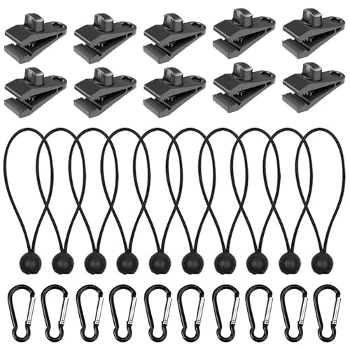 Tkxjry 30 Stück Tarp Clips Set, Planenspanner Tarp Clips *10, Karabiner Clips *10, Spanngummis mit Kugel *10, Multifunktion Zelte Clip, Markisenklemme Zelt Set, Für Hängematte,Camping,Picknick