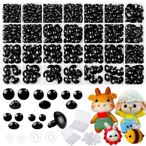 Gushu 1000 Stück 6-14mm Schwarz Sicherheitsaugen für Häkeltiere,Kunststoff-Sicherheitsaugen und Nase zum Häkeln mit Unterlegscheibe,Puppenaugen für Amigurumi,Plüschtiere DIY-Zubehör