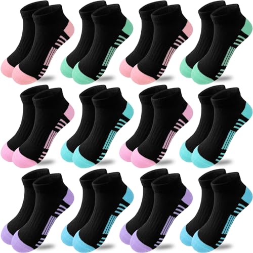 Bemeol Mädchen Socken 12 Paar Knöchelsocken Mädchen Athletic Baumwolle Sportsocken Low Cut Socken für kleine große Kinder, 12 Paar Schwarz (6 Farben), 5-7 Years