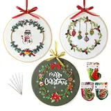 Meruni Anfänger Stickerei Set, 3 Sets Stickerei Set mit Weihnachtsmuster, Kreuzstich-Set für Anfänger mit 3 Stickmuster, 1 Stickrahmen und Farbfäden(Christmas2)