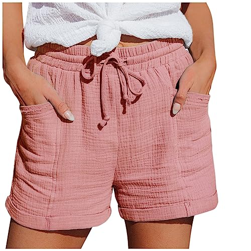 2025 Shorts Damen Sommer Musselin Leinen Kurze Hose Baggy Beach Shorts Mit Taschen Elastische Taille Stretchy Gerades Bein Bermuda Hose Kurze LäSsige Freizeit Short Mit Kordelzug Leinenhose