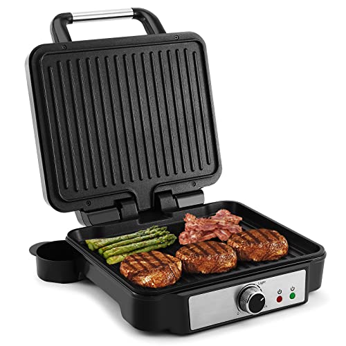 YASHE Kontaktgrill, 4 Scheiben Panini Grill Antihaftbeschichtete Platten, 1800W Toaster Sandwichtoaster mit Temperaturkontrolle, Kontrollleuchte, Öffnet 180 Grad, Abnehmbare Tropfschale, Schwarz