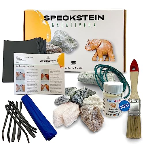 Sheflajor Speckstein-Set inkl. Polierwachs [Made in Germany] Bastelset für Erwachsene und Kinder ab 7 Jahren/Kreativ Set für Mädchen und Jungen/Anti-Stress/Konzentrationssteigerung