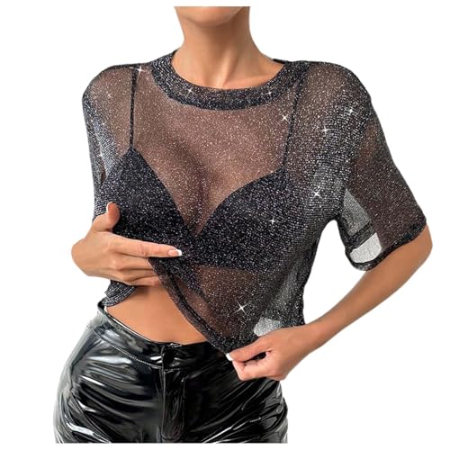 Damen Durchsichtig Netzshirt Crop Mesh Top - Kurzarm Partytop Trensparent Oberteile Y2K Tops mit Glitzer für Party Glitzer Shirt Festival Outfit