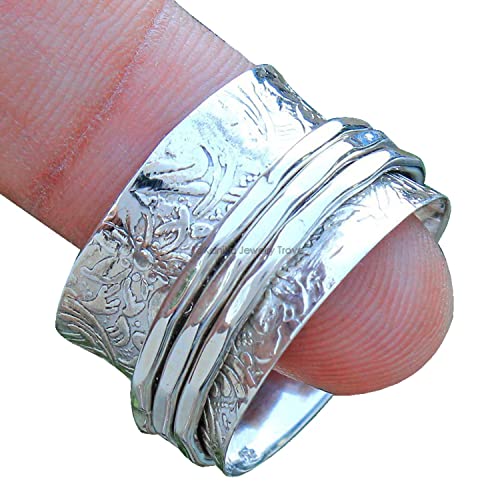 Floral Texture Spinning Band Rings, Anxiety Ring for Meditaion, Gift Ring for Mother's Day, 925 Sterling Silver Spinner Band Rings for Women