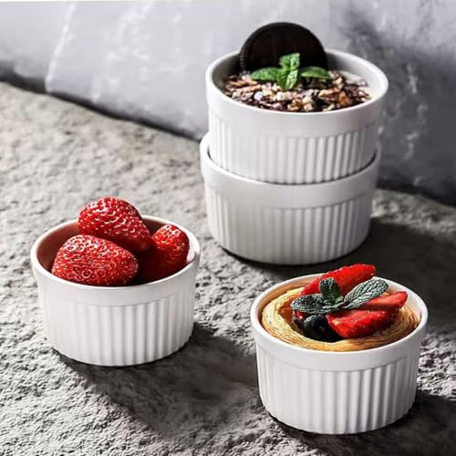 Creme Brulee Schälchen, 4 Stück Souffle Förmchen 200ml Auflaufform Klein, Keramik Ragout Fin Schalen, Küchenbackform, Spülmaschinenfest (Weiß, Ø 9cm)