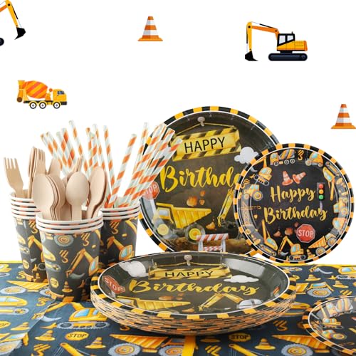 Bagger Baustelle Partygeschirr, Vexillic 200 Stück Pappteller Geburtstag Party Deko Set mit Servietten Pappbecher Strohhalme Gabel Messer Löffel für 25 Kinder (Bagger)