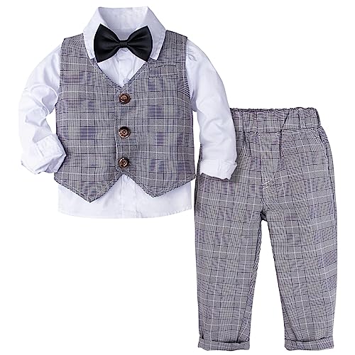 mintgreen Kleinkinder Jungen Taufe Hochzeit Weihnachten Anzüge Spielanzug Hemd+Bowtie+Weste+Hose, Grau Plaid, 2-3 Jahre, 100