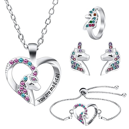 OSDUE Einhorn Schmuckset Mädchen, Einhorn Kinderschmuck Enthalten Halskette, Ringe, Armbänder, Ohrring, Schmuck Set für Party Dress Up Geschenk (5 Stück)