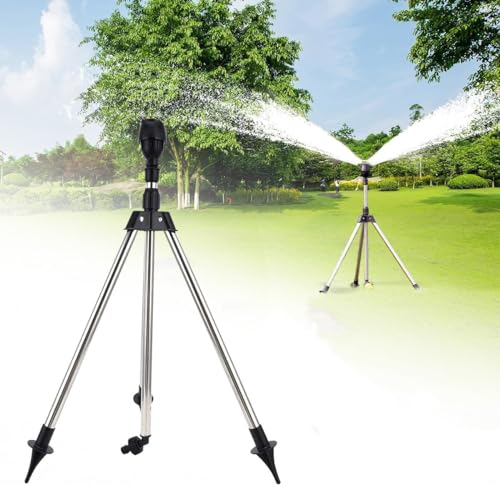 Rotating Tripod Sprinkler, Edelstahl Rotary Bewässerung Stativ Teleskop Unterstützung Sprinkler, Garten Rasensprenger 360 Grad Sprinkler für Hof, Garten, Rasen (Stativ + Düse)