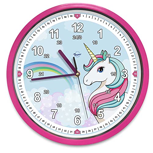 Einhorn Kinder-Wanduhr lautlos - ideale Kinderzimmer-Uhr für Mädchen und Jungen, geräuschlos, ohne Tickgeräusche