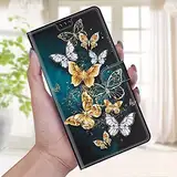 Nadoli Handyhülle für Samsung Galaxy A03S,Bunt Bemalt [Gold Silber Schmetterling] Lanyard PU Leder Standfunktion Magnetverschluss Brieftasche Hülle Schutzhülle Etui