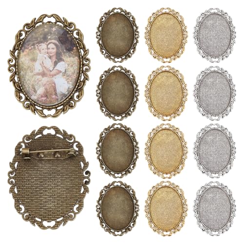 PH PandaHall 3 Farben Brosche Cabochon Einstellung 12pcs Vintage Broschen Blank Lünette Oval Brosche Pins Tabletts Cabochon Rahmen Foto Pins Basis für Hochzeit Graduierung Schmuck machen 51x40x2mm