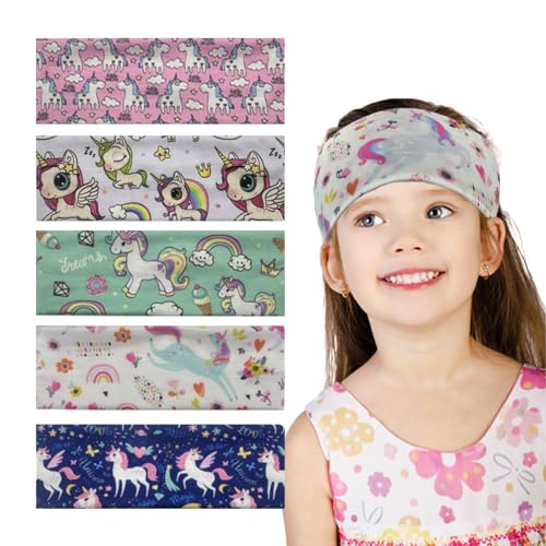 5 Stücke Einhorn Mädchen Stirnband Cartoon-Stirnbänder Für Mädchen, Kinder Stirnband Mädchen Stirnband, Elastisches Breite Haarreif Hautfreundlicher Stoff Viele Motive