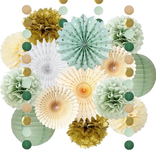 Salbeigrün Party Dekorationen Salbeigrün Creme Gold Seidenpapier Pom Poms Papierfächer Olive Salbei Gold Kreis Punkte Girlande für Salbei Geburtstag Babyparty Verlobung Brautdusche Hochzeit Party