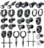 JeweBella 15 Paar Ohrringe Herren Edelstahl Ohrstecker Set Ohrringe Creolen Hypoallergen Zirkonia Ohrstecker Kreuz Baumelnde Ohrringe Piercing Knorpel Ohrringe Schwarz/Silber für Männer Damen