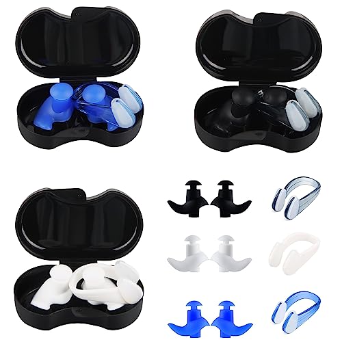 Taozoey Ohrstöpsel Schwimmen mit Nasenklammer, 3 Set wasserdichte Ohrenstöpsel für Erwachsene, Silicone Earplugs Swimming mit Aufbewahrungsbox (Schwarz/Blau/Weiß)