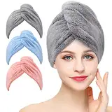 Laicky 3 Stück Mikrofaser-Handtuch zum Trocknen von Haaren, super saugfähig, verdrehter Turban, schnell trocknend, Haarkappen mit Knöpfen, Badeschlaufe, zum Befestigen von Salon