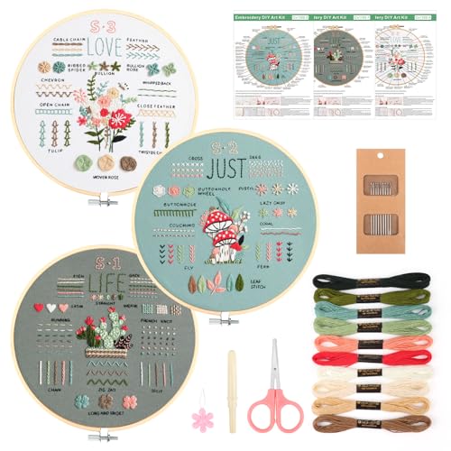 3 Stück Sticken Set Erwachsene, Blumenmuster Pflanzen Stickset für Anfänger Embroidery Kit Stickerei Set, Kreuzstich Set mit 1 Bambus Stickrahmen, Anleitung und Werkzeuge, für DIY Kunst, Handwerk