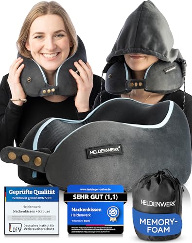 HELDENWERK Comfy Nackenkissen Flugzeug mit Kapuze - Memory Foam Reisekissen Flugzeug (samtweich & atmungsaktiv) 6-Fach Verstellbar, Nackenhörnchen Erwachsene, Travel Pillow, Nackenkissen auto waschbar