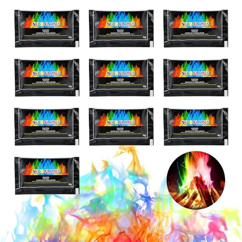 Buntes Feuer, Buntes Feuerpulver, Magic Fire Pulver, Buntes Feuer, Bunte Flamme Farbwechsel Powder Party und Halloween und Weihnachten,Feuerstellen, Kamin, Ofen, für Outdoor-Events 10X10g