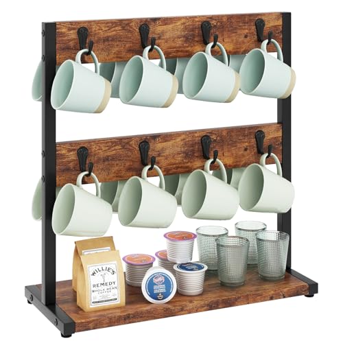 IBUYKE Vintage Tassenhalter mit 16 Haken, Kaffeetasse Halter für Küchentheke, Bechergestell mit Aufbewahrungsboden, für Küche Esszimmer Café 43 x 15 x 40 cm, Vintage-Braun TBJ001H