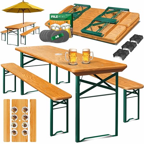 KESSER® Bierzeltgarnitur 3 teilig Gartenmöbel-Set | Klappbar 170 x 46 x 75cm | 2X Bierbänke 1x Biertisch | Festzeltgarnitur Biertisch Stehtisch Sitzgarnitur Holz 12x Bodenschoner