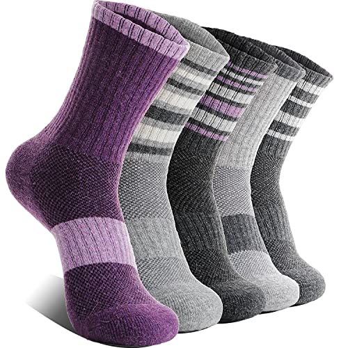 EBMORE Damen Merino Wollsocken Thermosocken Wandersocken Warmesocken Wintersocken Dick Wolle Sportsocken Arbeitssocken für Outdoor 5 Paar Geschenke(Streifen A Violett,M)