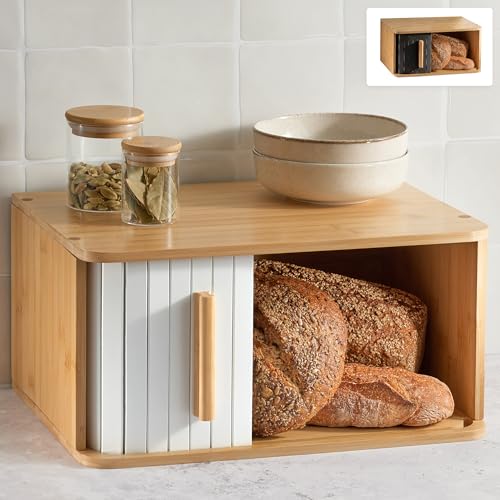 Brotkasten Groß aus FSC® Holz mit Schiebetür - Brotaufbewahrung 40x28cm - Platzsparend und stilvolle Brotbox für längere Frische - Weiß