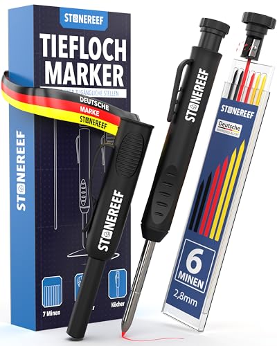 STONE REEF Tieflochmarker Profi [inkl. Köcher] - Bleistift Baustelle, Zimmermannsbleistift, Bohrlochmarker, Markierstift, Handwerker Bleistift, Baubleistifte, Lochmarkierer