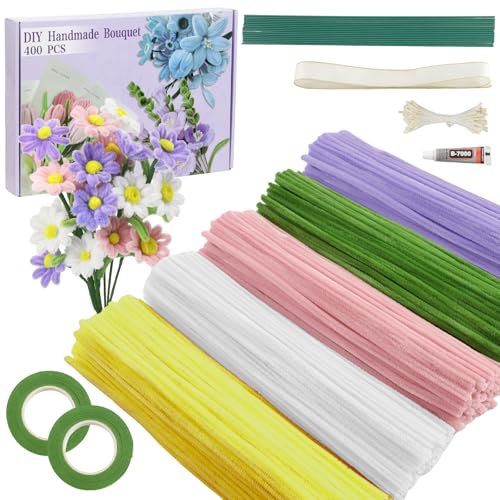 Galerie SV Pfeifenputzer zum Basteln Set, 400 Stück Pfeifenreiniger 5 Farben Blumenstrauß Pfeifenreiniger Blumen mit Geschenkband, Klebeband, Staubblätter für DIY Geschenke und Dekorieren (Rosa Lila)