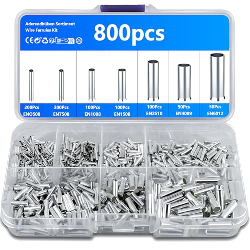 800 Stück Aderendhülsen Set, Unisoliert Aderendhülsen Sortiment, Adernendhülsen, 10-22 AWG Kabelhülsen Quetschhülsen Kabelendhülsen für DIY elektrische Projekt, 0,5/0,75/1/1,5/2,5/4,0/6,0mm²