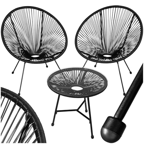 tectake® Set 2X Stuhl 1x Beistelltisch Acapulco, Gartenstuhl, Gartenstühle im Retro Design, Indoor und Outdoor Sessel für Garten, Wintergarten, als Terrassenstühle oder Balkon Sessel - schwarz