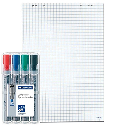 Herlitz Flipchartblock, 68x99cm (kariert/gelocht), 5 Blöcke (20 Blatt je Block) (Flipchartblöcke + 4er Marker Set)